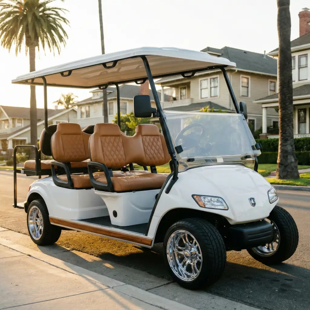 White 4-seater electric golf cart parked on a residential street in Coronado, CA. Perfect for couples.