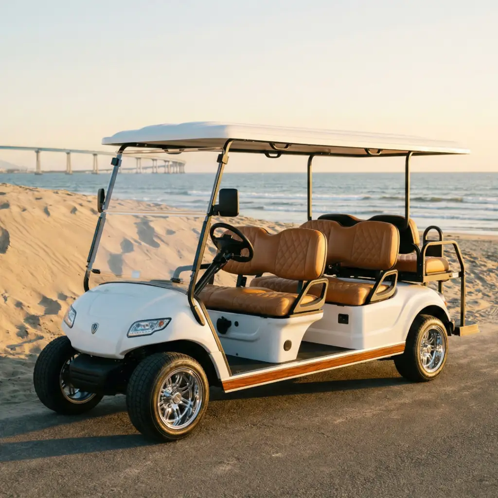 uxury 6-seater lifted golf cart parked near the sand at Coronado Beach with Hotel Del in background.