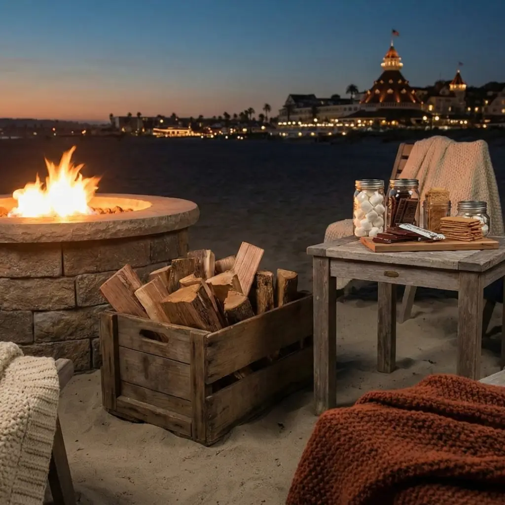 Cozy beach bonfire scene at twilight with a lit portable fire pit, a crate of firewood, a s'mores kit on a table, and blankets, with Hotel del Coronado lights in the distance.