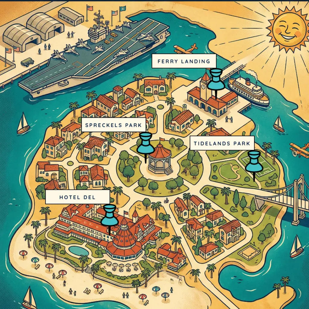 Stylized illustrated map of Coronado Island Village showing Nado Karts golf cart rental pickup locations: Ferry Landing, Hotel Del, Spreckels Park, and Tidelands Park.