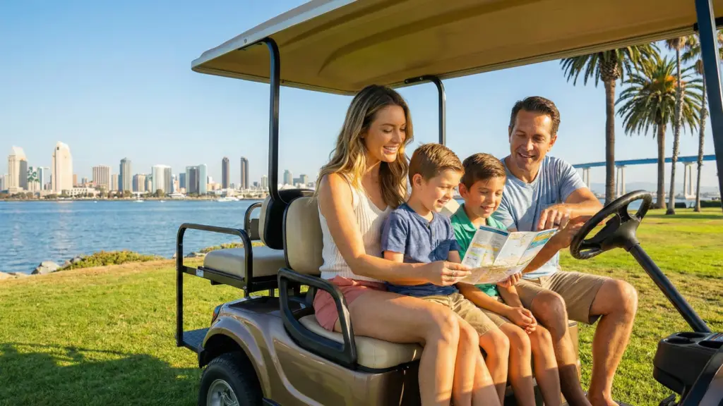 Family sitting in a Nado Karts golf cart looking at a map of Coronado Island with the San Diego skyline in the background.