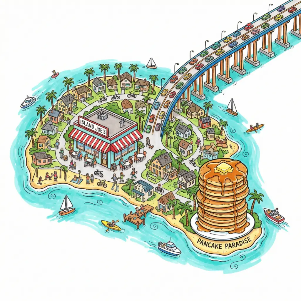 Illustrated comic-style map of North Coronado showing a coffee cup, the Coronado Bridge, and Tidelands Park.
