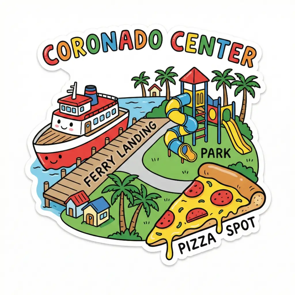 Illustrated cartoon map of Coronado showing a ferry boat, pizza slice, and playground slide.