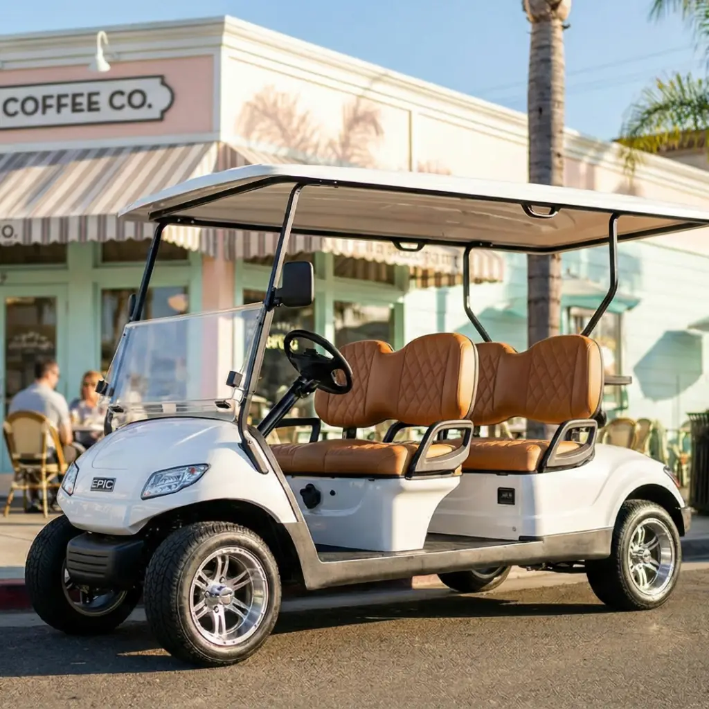 White 4-passenger luxury golf cart parked in front of a coffee shop on Orange Avenue, Coronado. Tan leather seats and street legal.