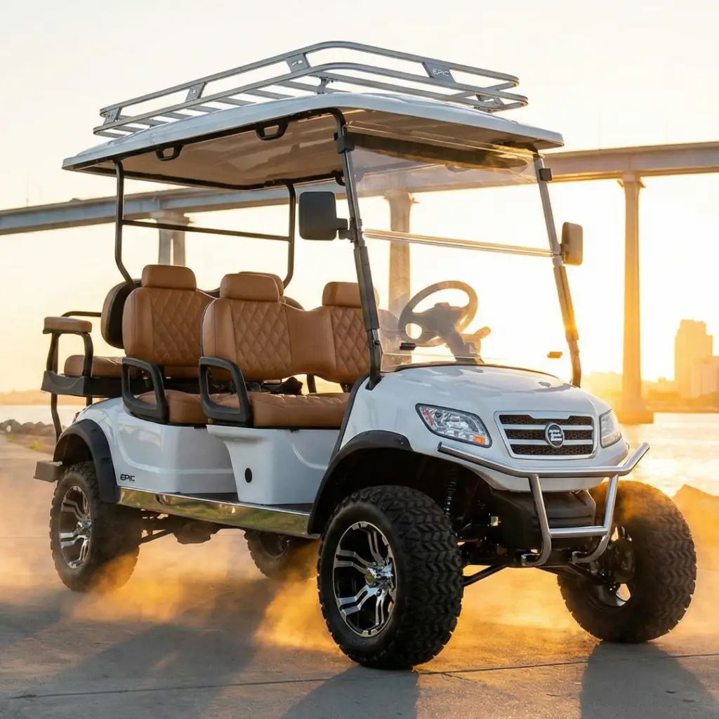 Luxury 6-passenger lifted golf cart parked near the Coronado Bridge at sunset. Spacious seating for large groups.