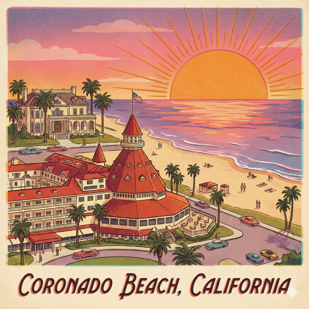 Illustrated retro-style map of Ocean Boulevard showing a setting sun, ice cream, and historic mansions.