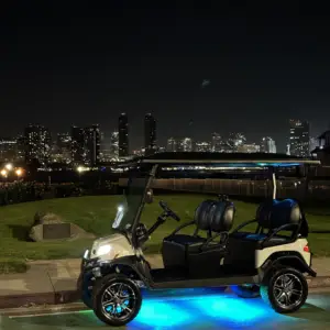 A street-legal golf cart with custom blue underglow lighting parked at night with the San Diego skyline in the background.
