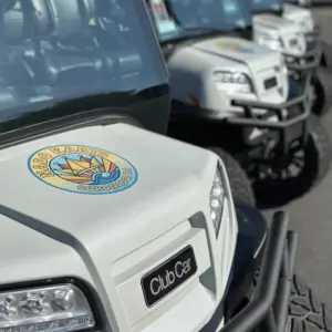 Close up of the Nado Karts logo on the hood of a brand new white Club Car golf cart.
